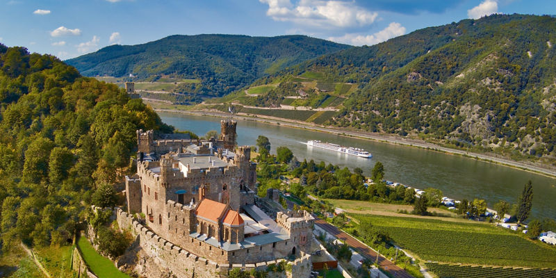 Historic castle overlooking river valley