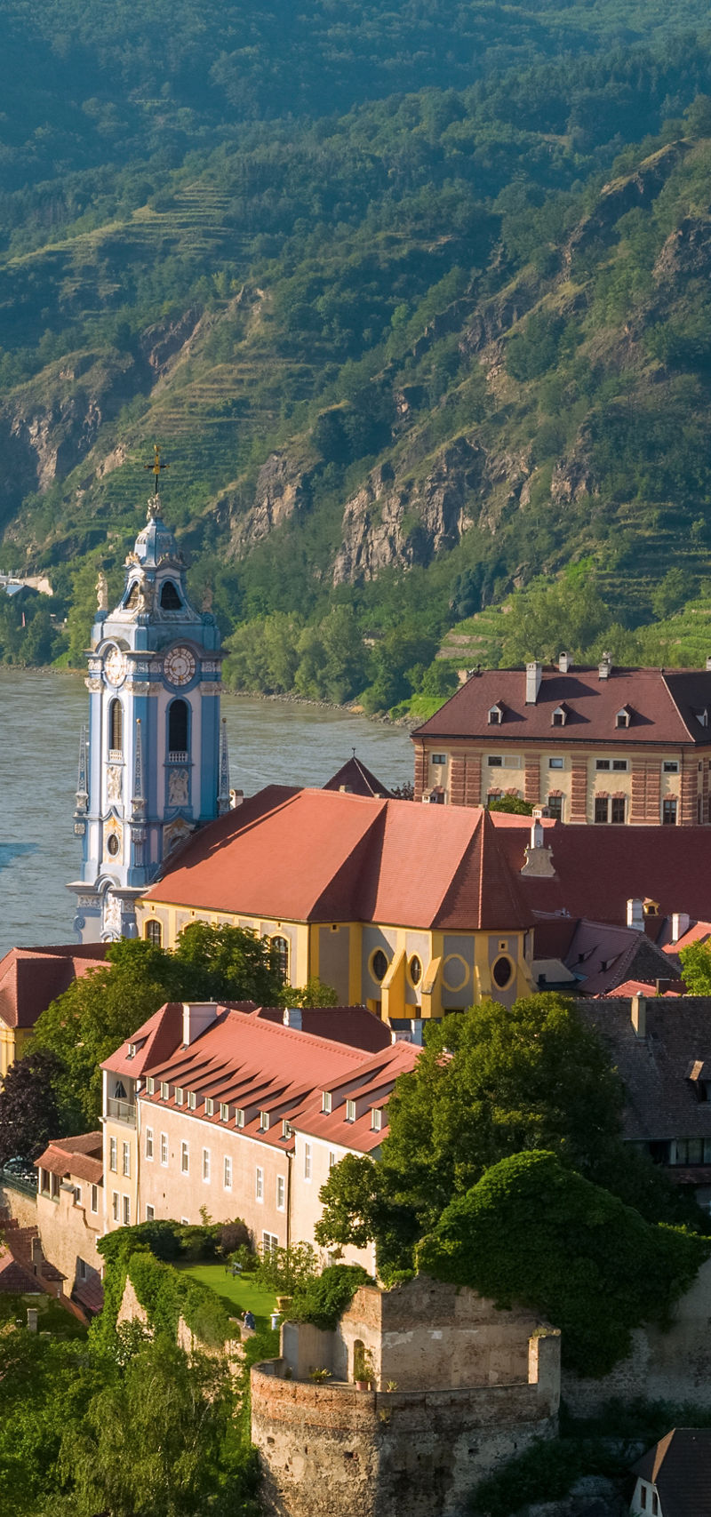 Scenic riverside town with historic architecture