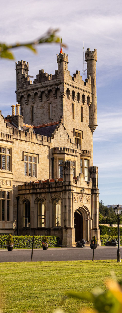 Historic stone castle framed by garden foliage