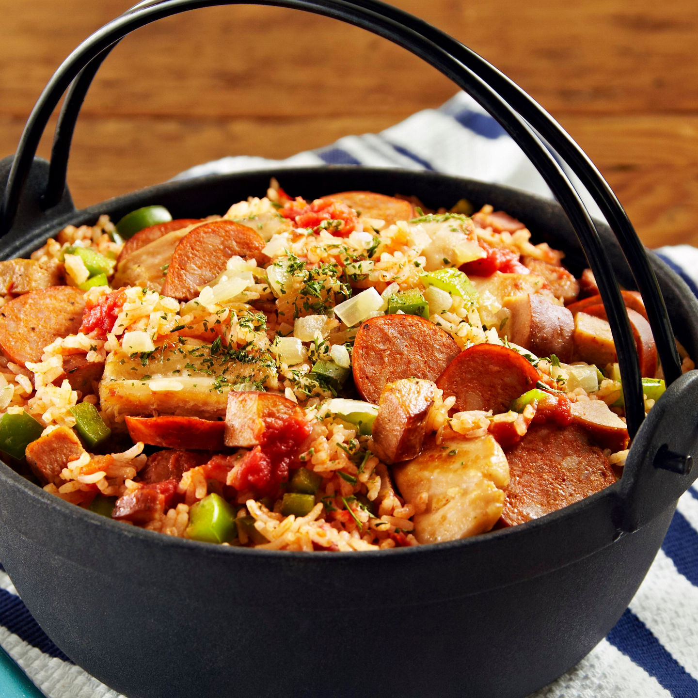Rustic jambalaya in black cast iron pot