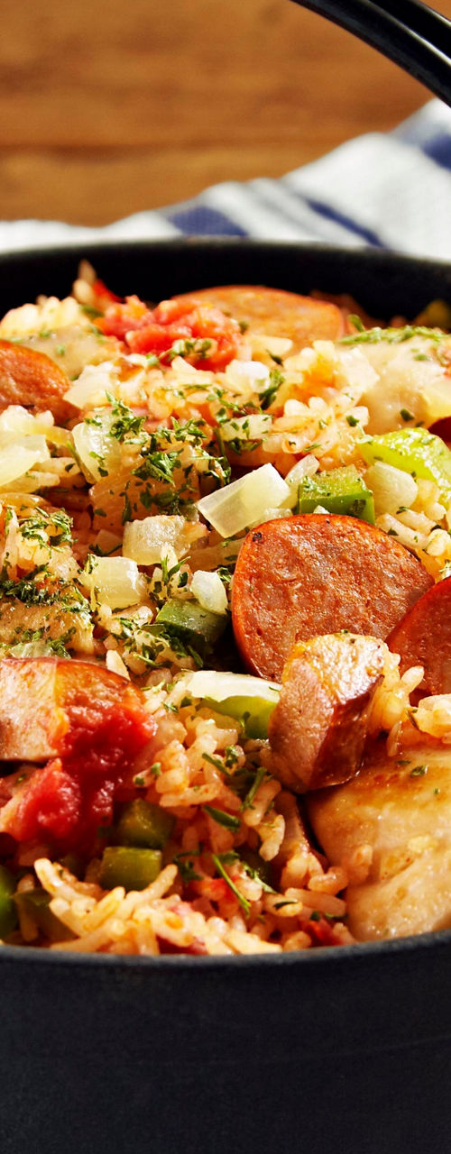 Rustic jambalaya in black cast iron pot