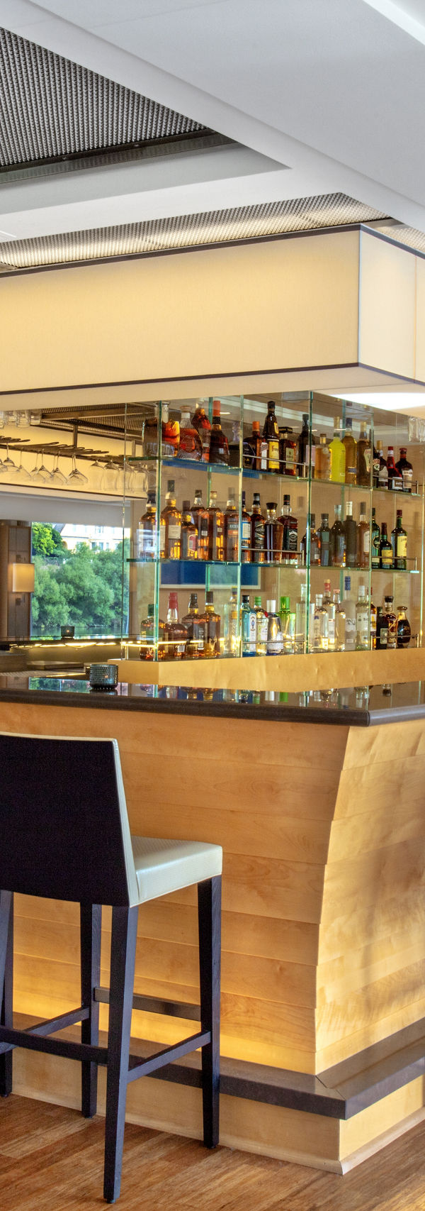 Modern bar interior with wooden accents