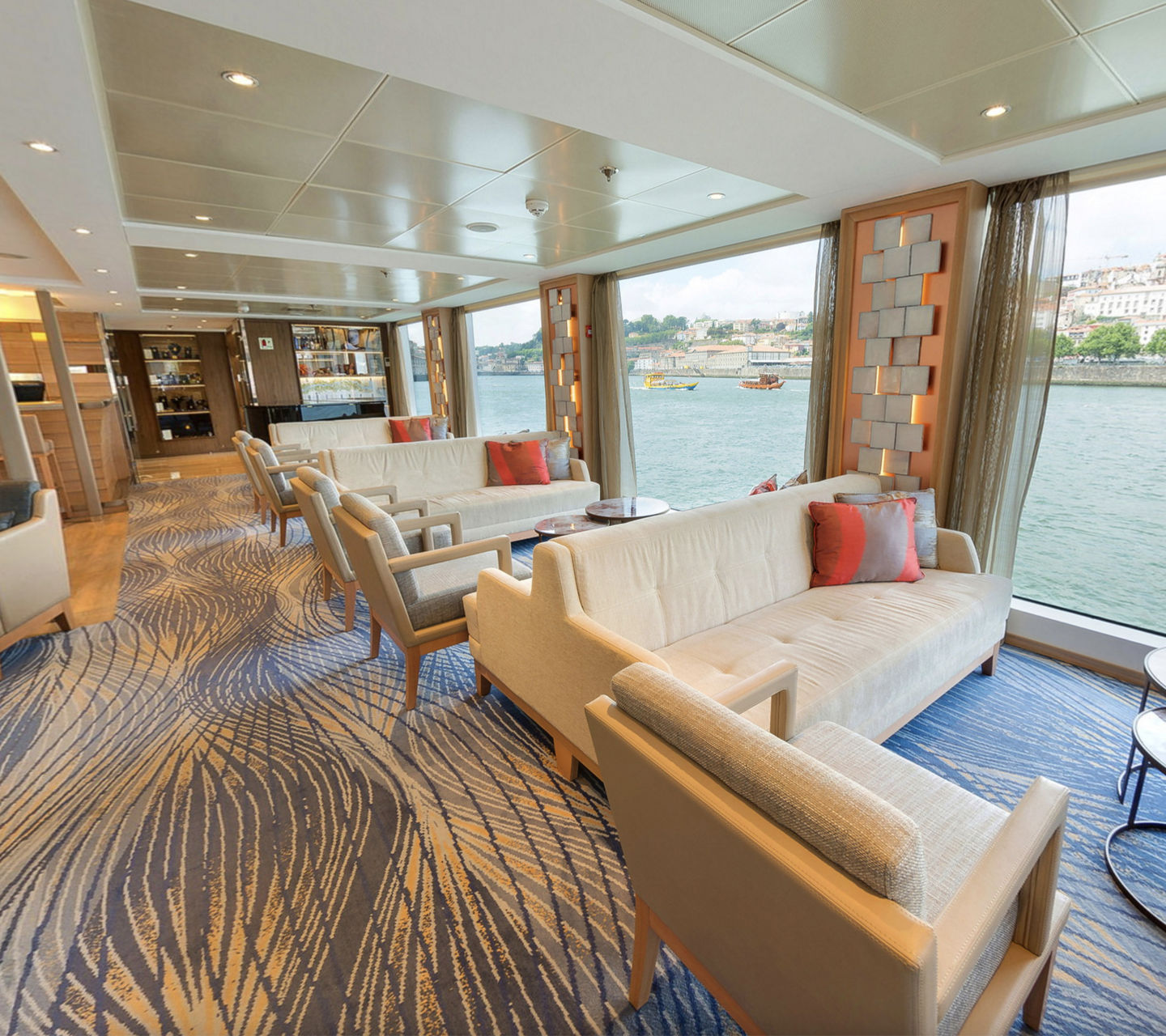 Modern riverside lounge with scenic views