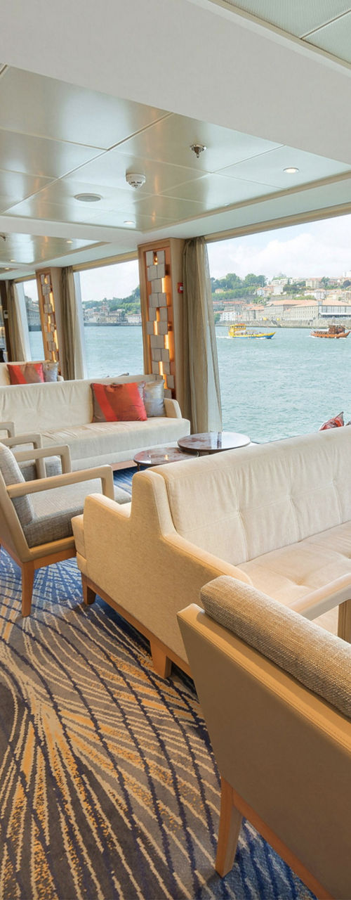 Modern riverside lounge with scenic views