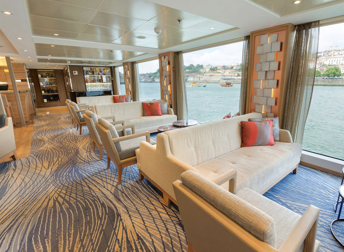 Modern riverside lounge with scenic views