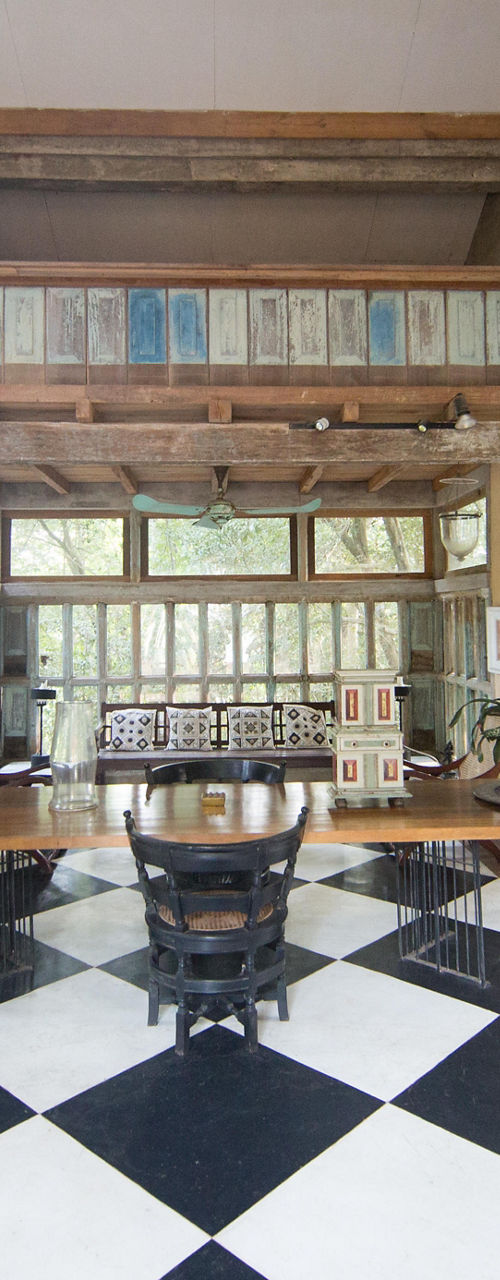 Spacious rustic interior with checkered flooring