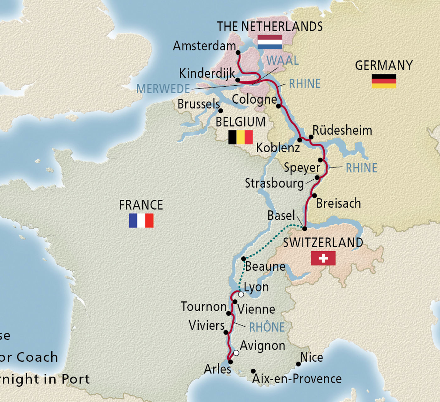 Map of Lyon, Provence & the Rhineland itinerary