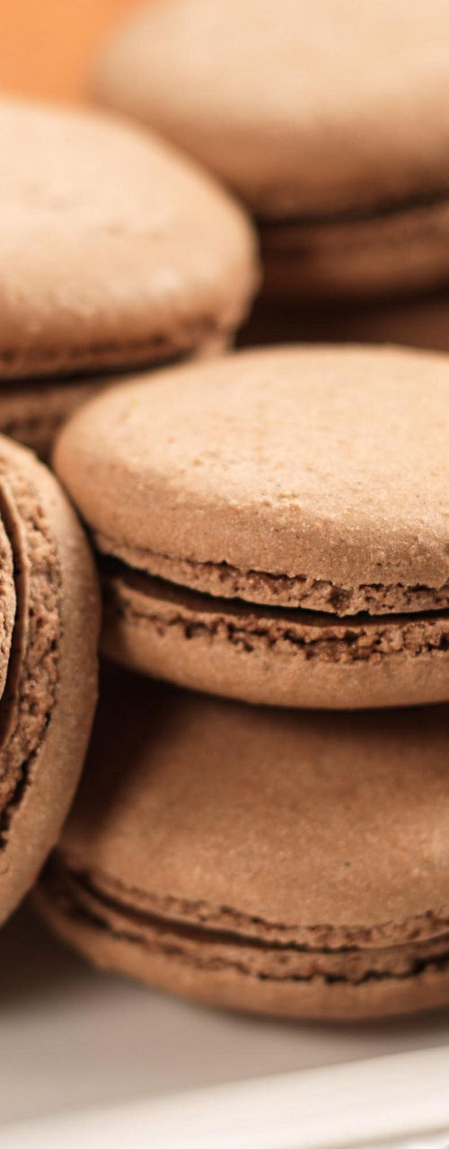 Chocolate macarons on elegant white plate