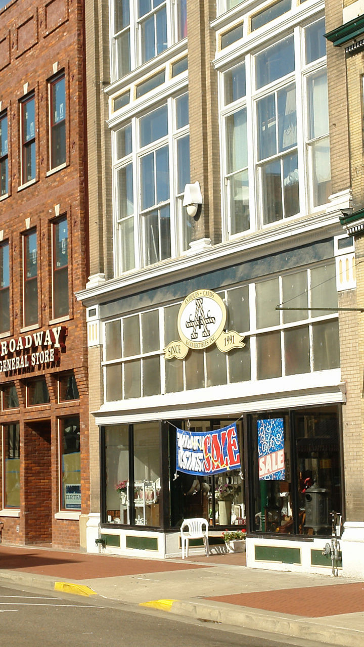 Historic downtown street with storefronts