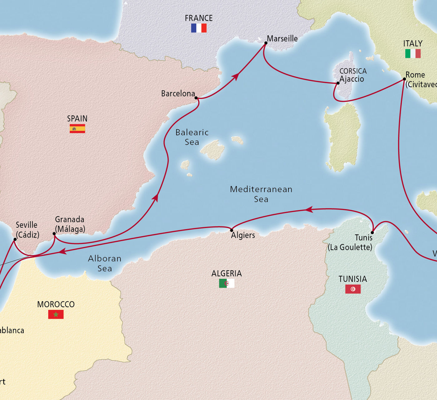 Map of Malta, Morocco & the Mediterranean itinerary