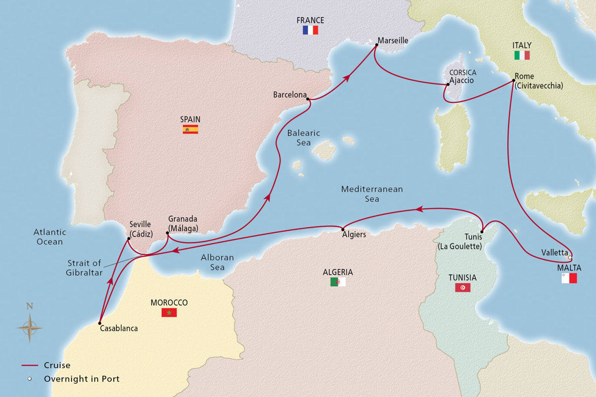 Malta, Morocco & the Mediterranean – route map