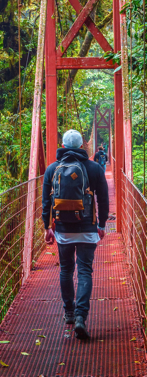 Hiker crossing red suspension bridge in rainforest