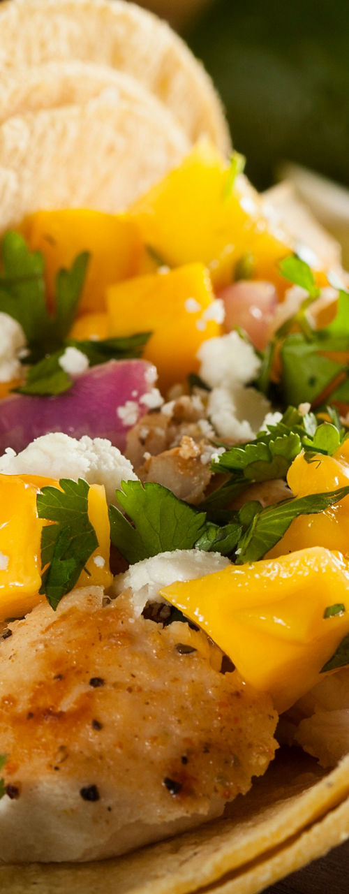 Fresh fish tacos with mango salsa