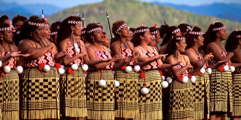 Traditional Maori dance group in cultural attire