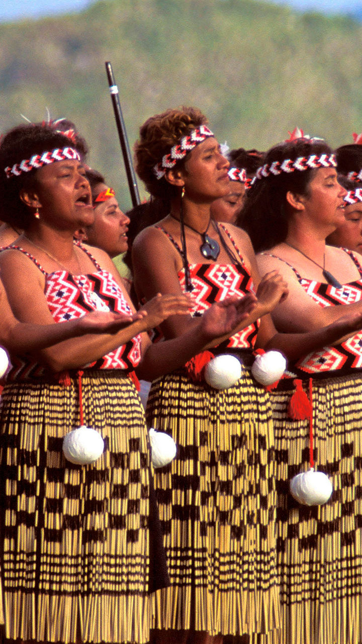 Traditional Maori dance group in cultural attire
