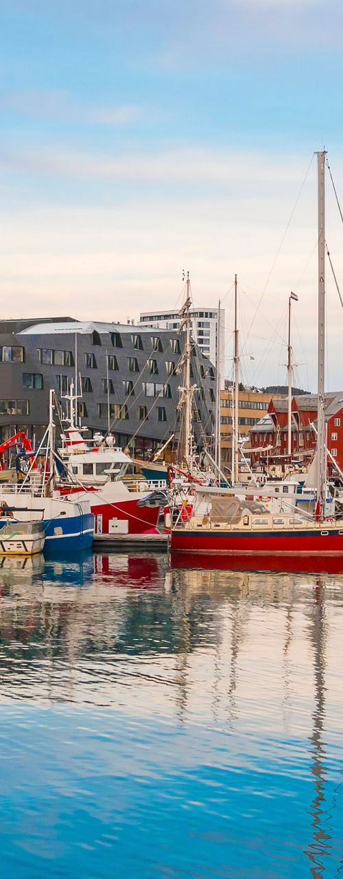 Scenic harbor with colorful boats and buildings