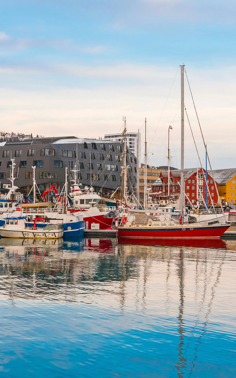 Scenic harbor with colorful boats and buildings