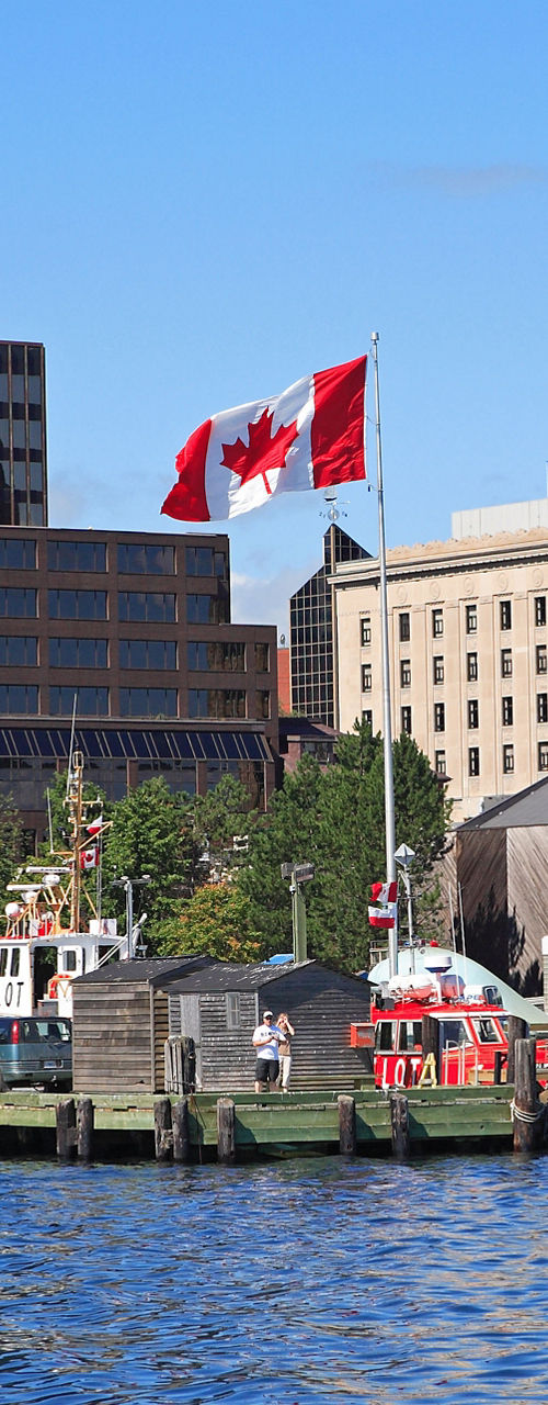Halifax waterfront with Canadian flags