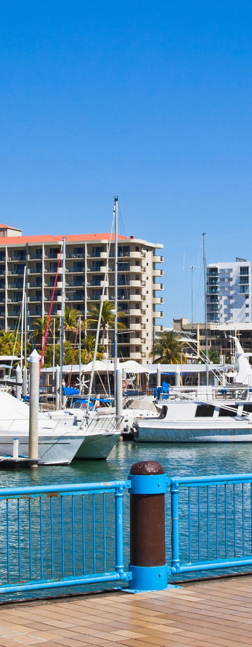 Marina with yachts and urban skyline