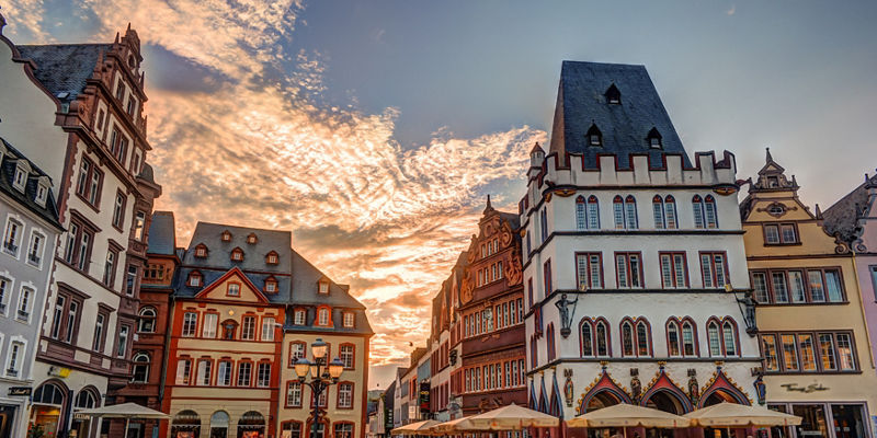 Historic European square at sunset