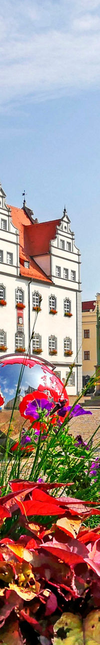Historic town square with vibrant flowers