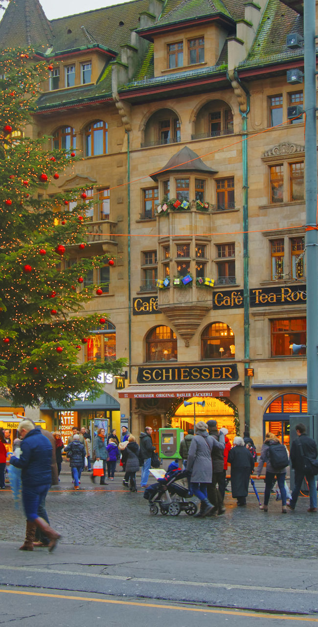 Festive Christmas market in European city square