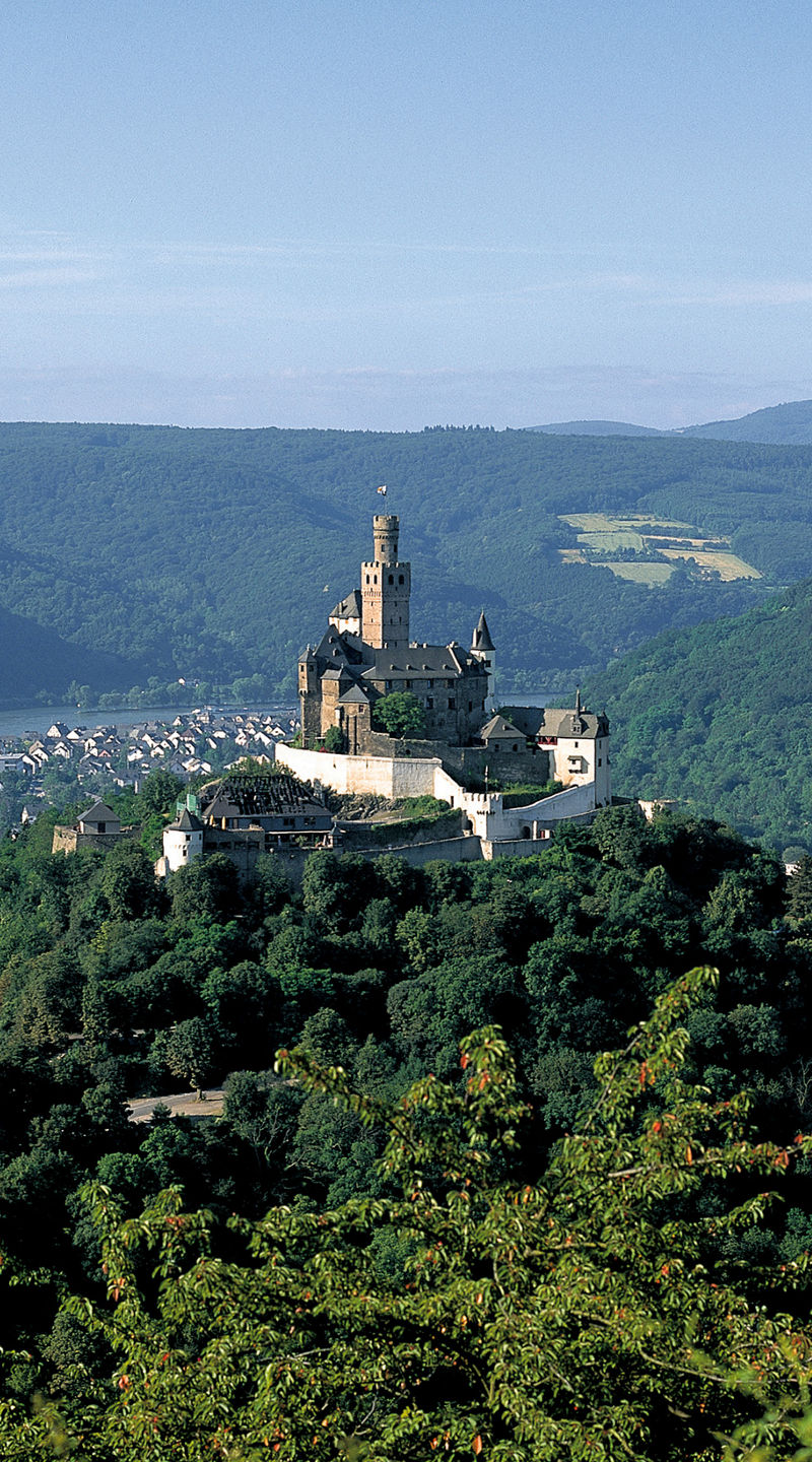 Hilltop castle overlooking scenic river valley