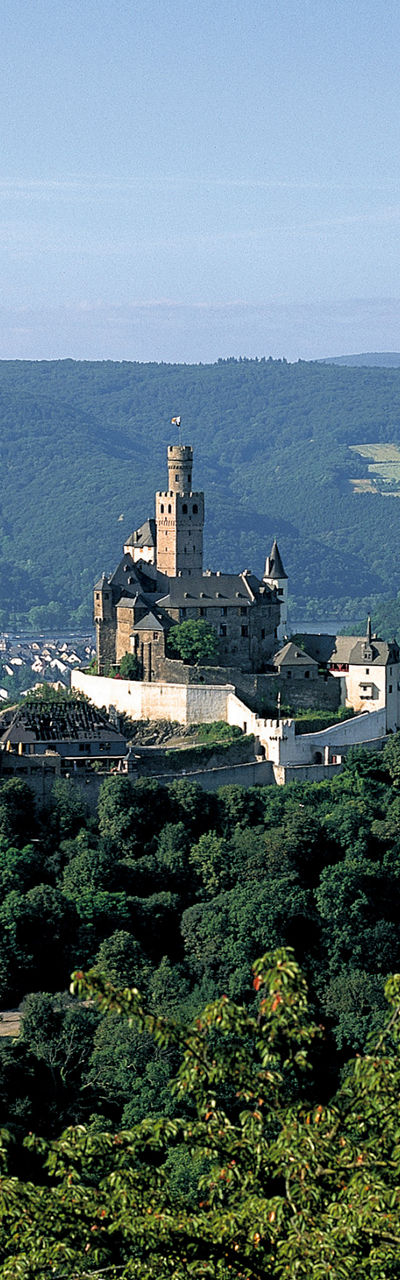 Hilltop castle overlooking scenic river valley