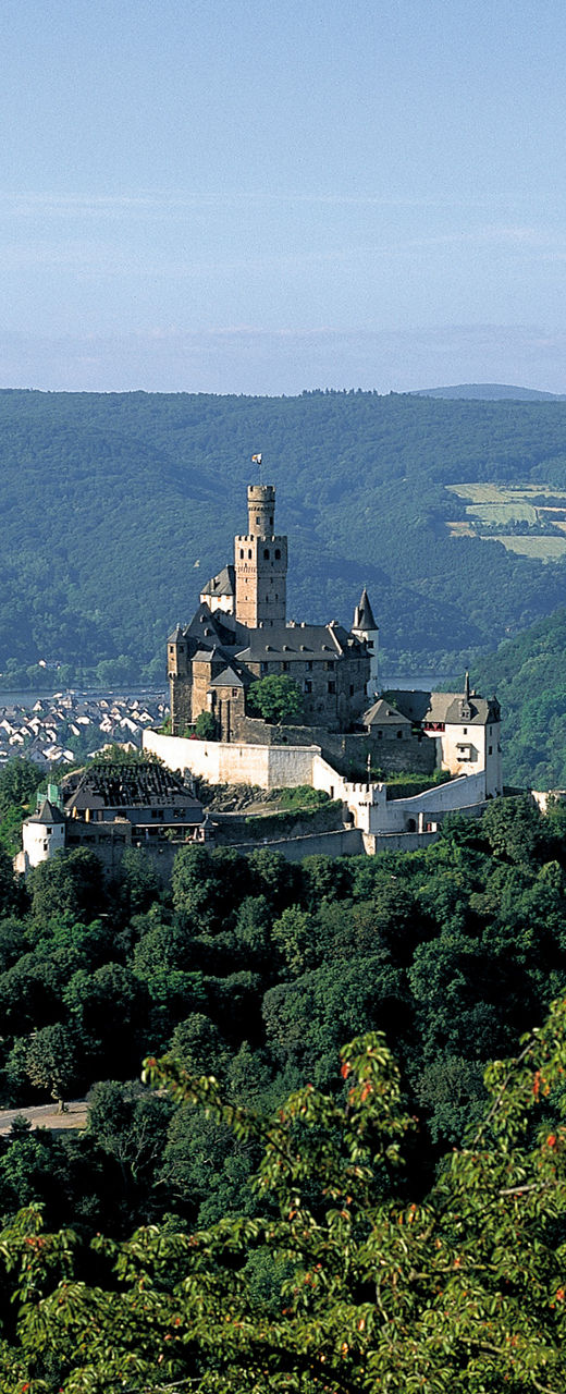 Hilltop castle overlooking scenic river valley