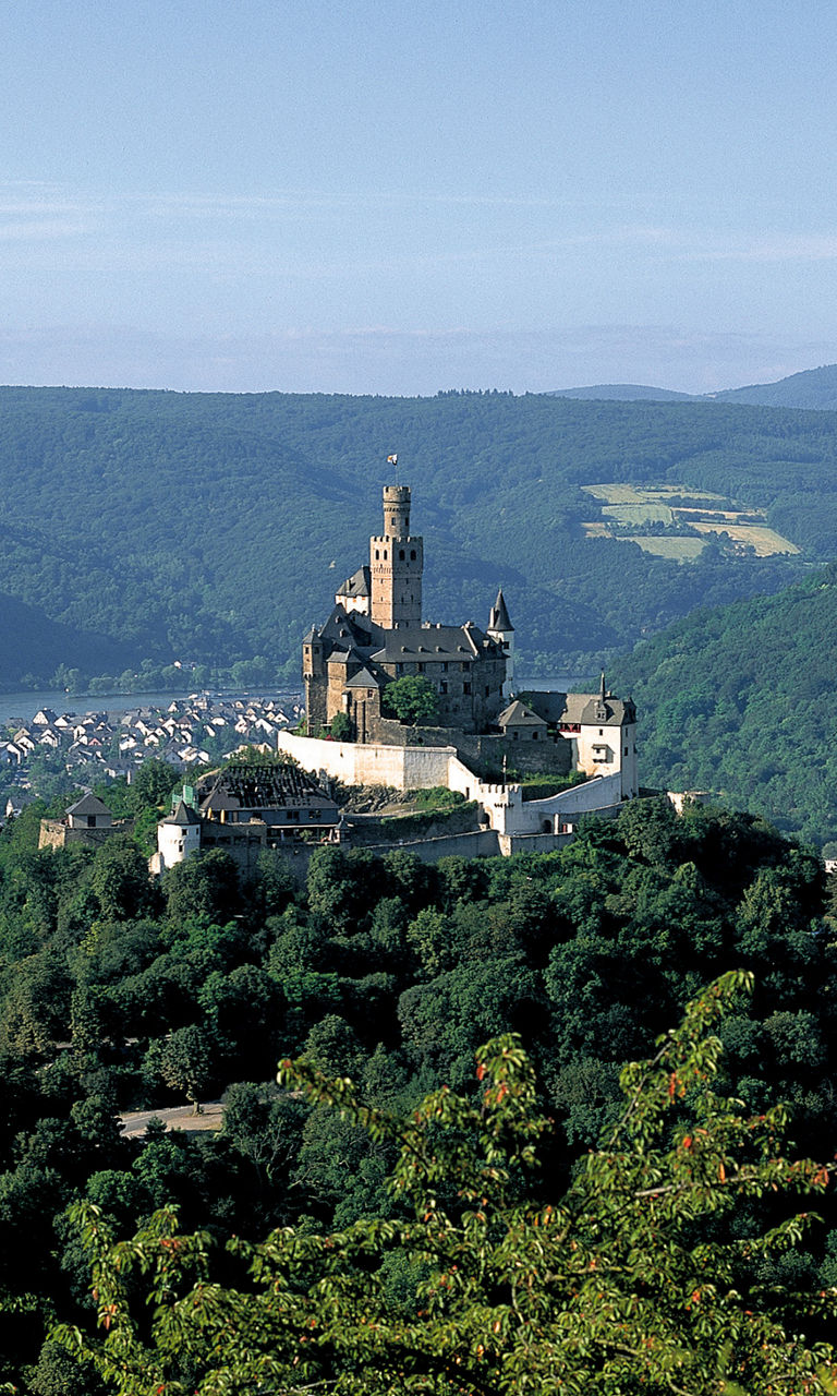 Hilltop castle overlooking scenic river valley