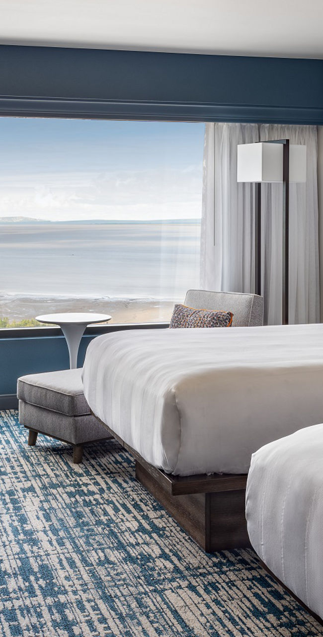Modern hotel room with ocean view