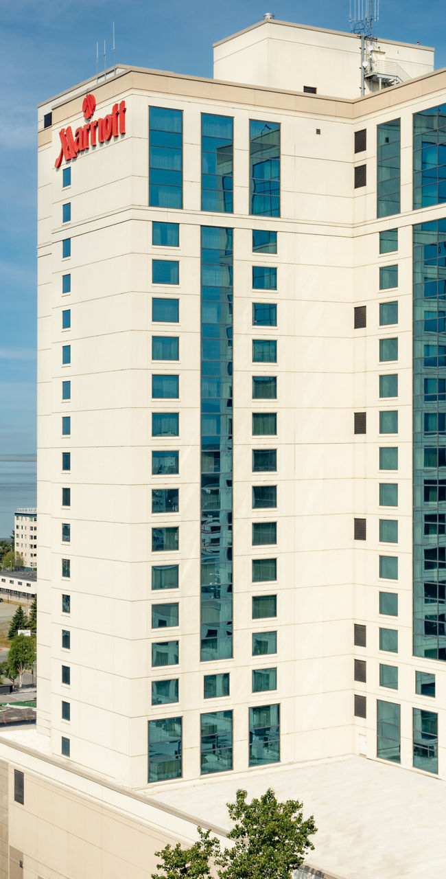 Marriott hotel exterior with cityscape view