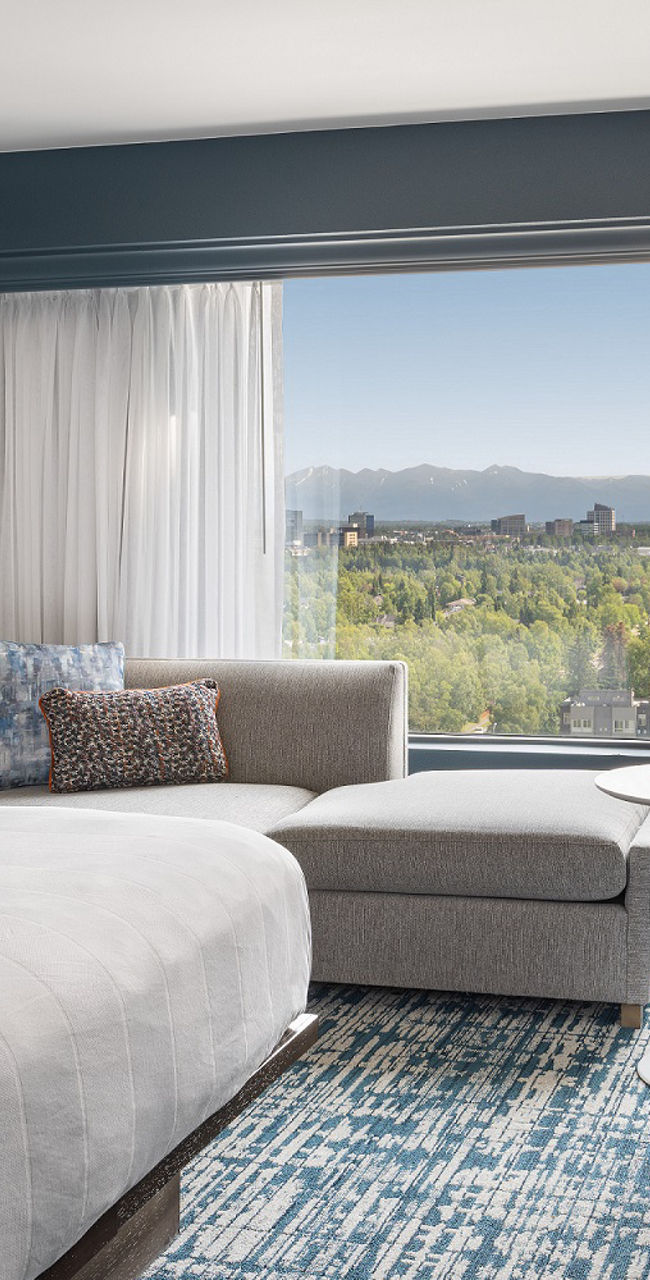 Modern hotel room with scenic view