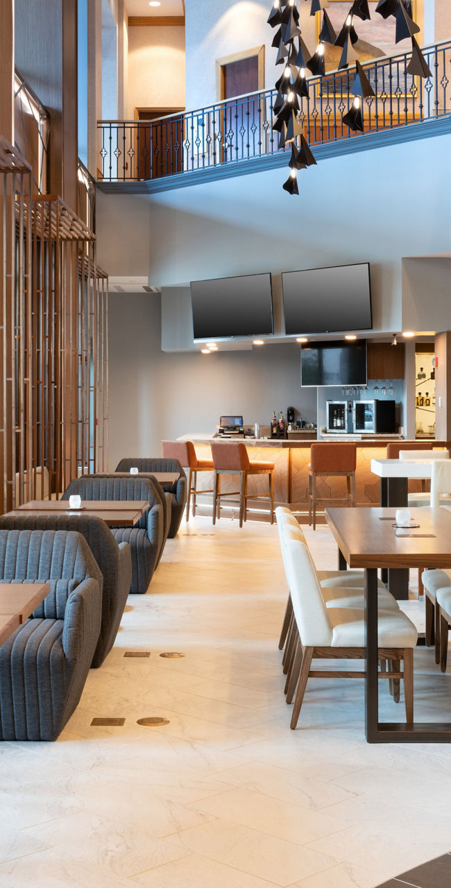Modern hotel lobby with elegant seating