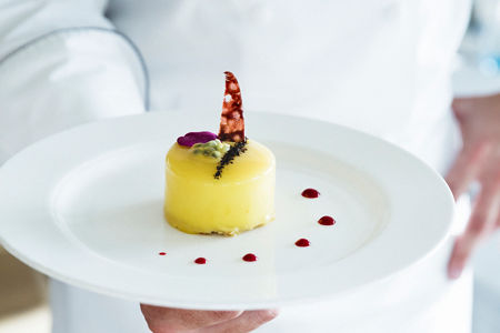 Chef presenting gourmet dessert on white plate