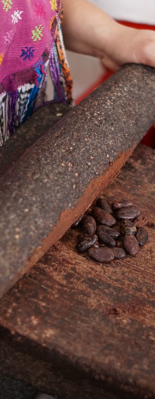 Traditional cacao grinding with stone tool