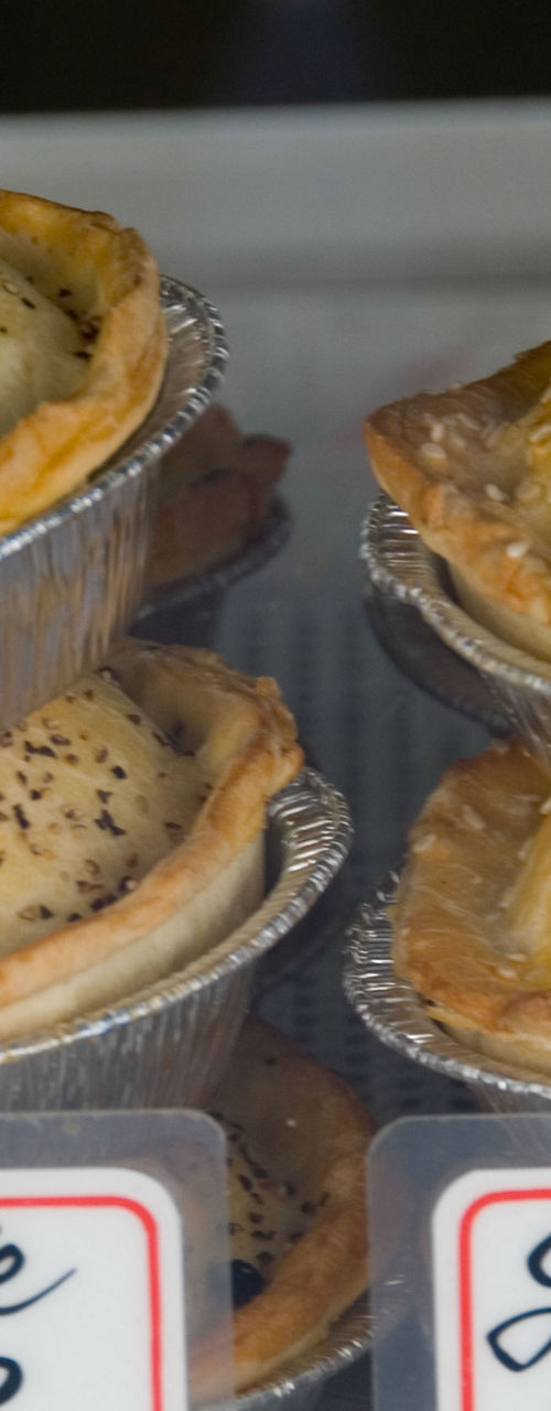 Assorted gourmet pies on display