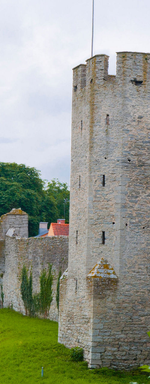 Historic stone castle with lush greenery