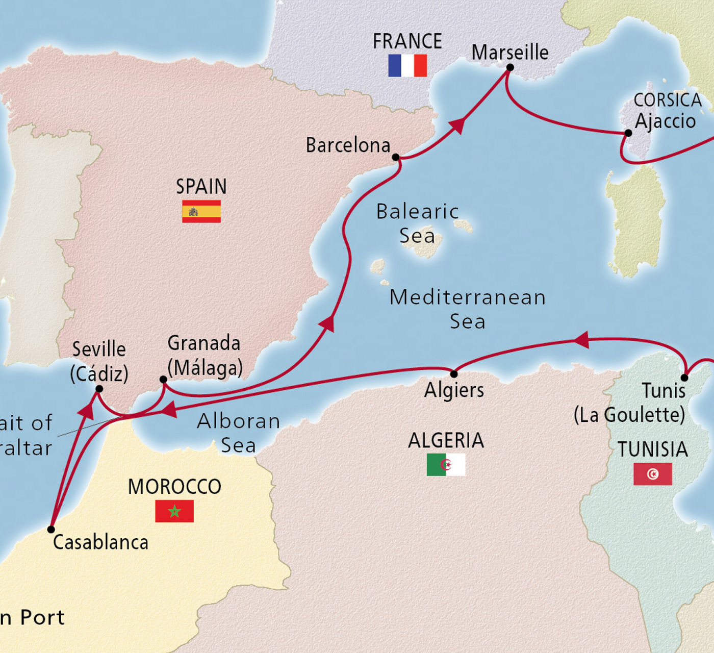 Map of Mediterranean, Malta & North Africa itinerary