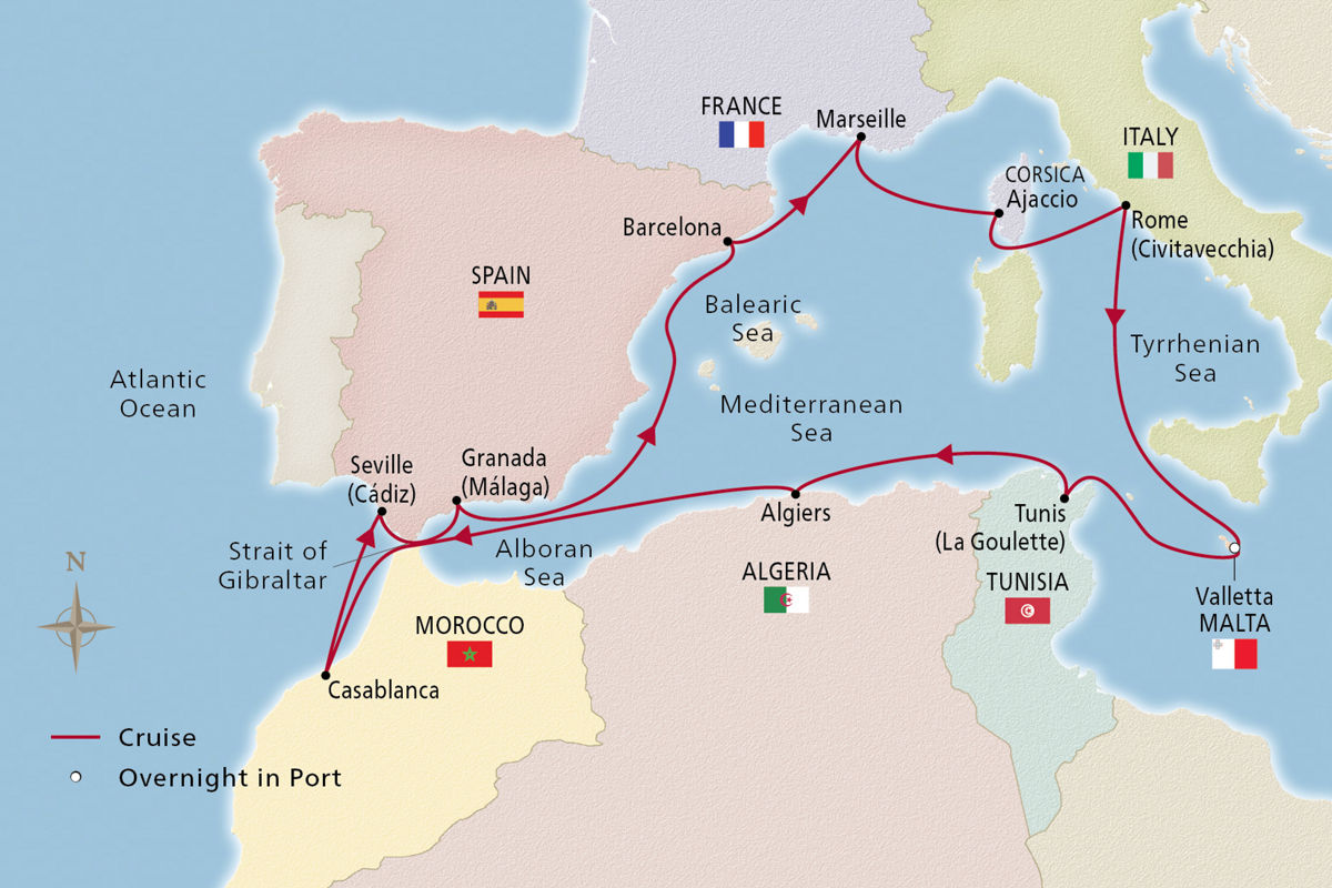 Mediterranean, Malta & North Africa – route map