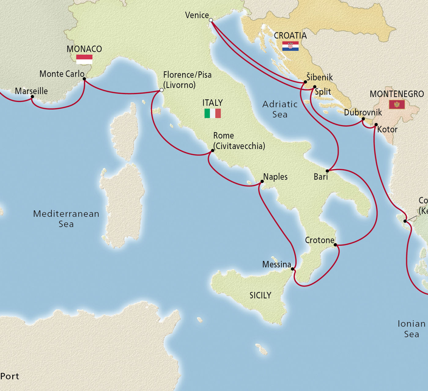 Map of Mediterranean & Adriatic Sojourn itinerary