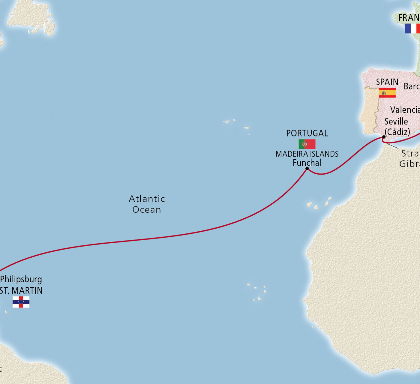 Map of Mediterranean & Atlantic Crossing itinerary