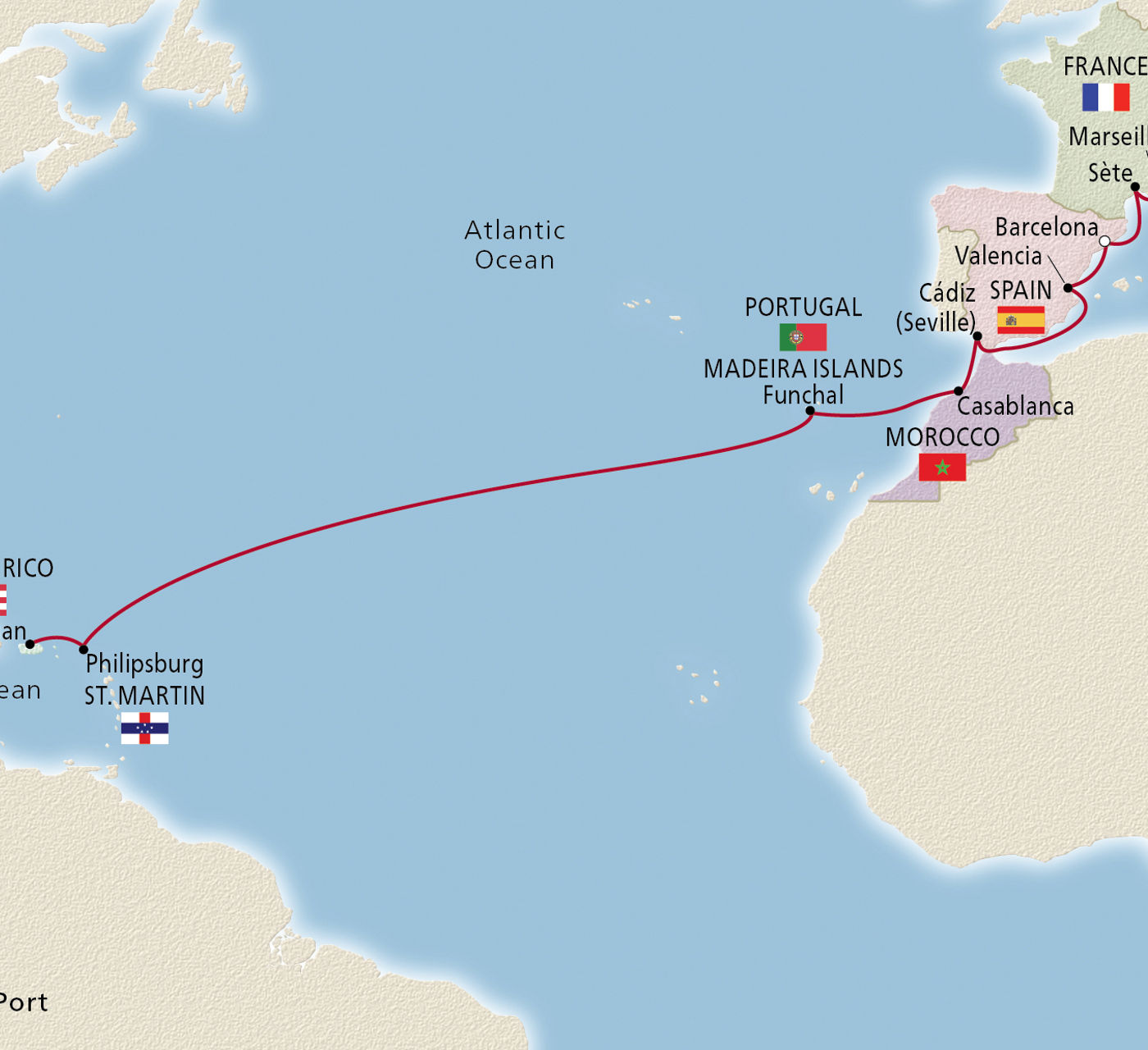 Map of Mediterranean to Caribbean Sojourn itinerary