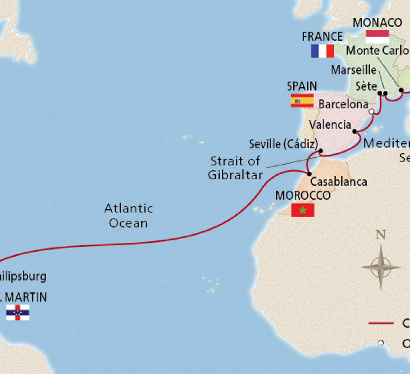 Map of Mediterranean to Caribbean Sojourn itinerary