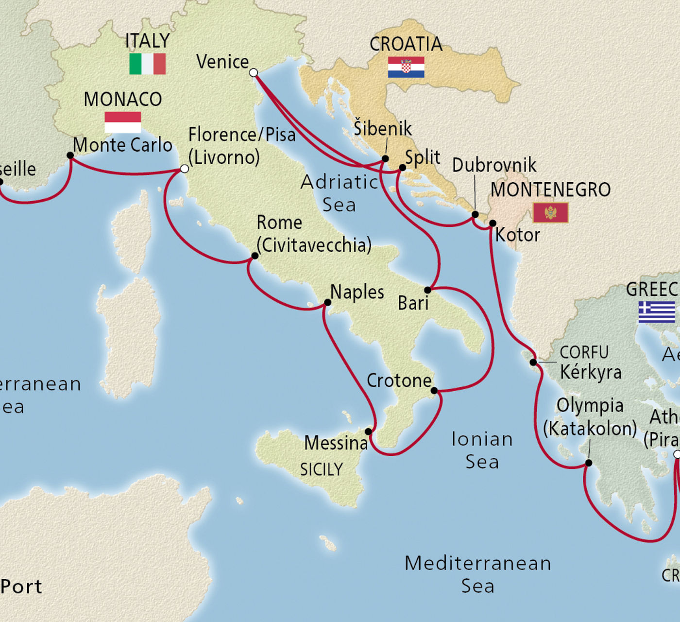 Map of Mediterranean's Iconic Shores itinerary