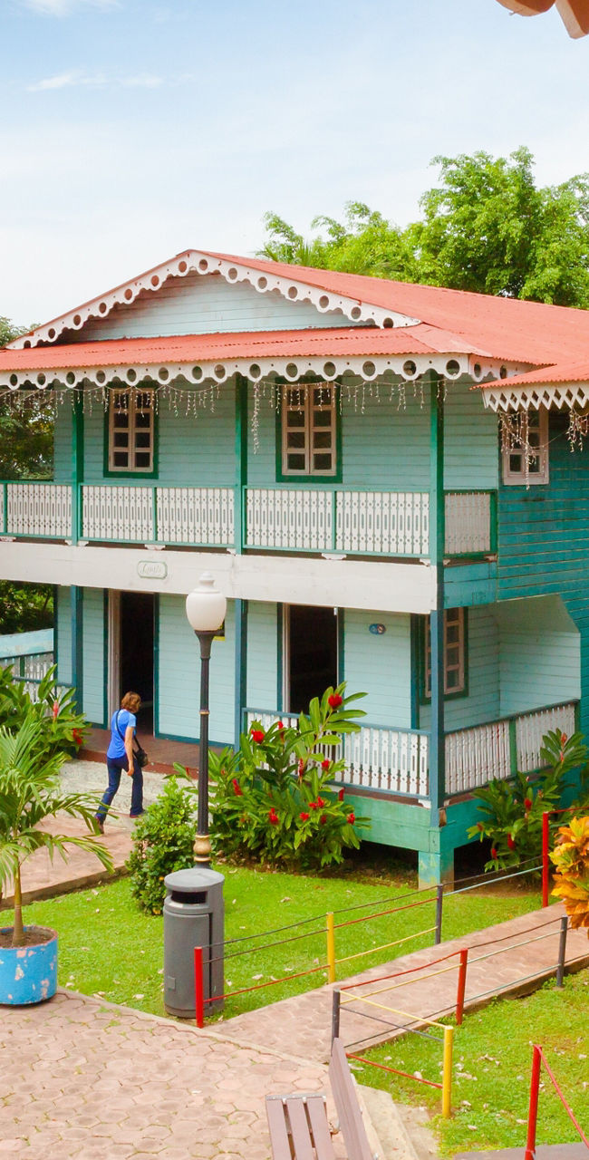 Colorful colonial-style buildings in tropical setting