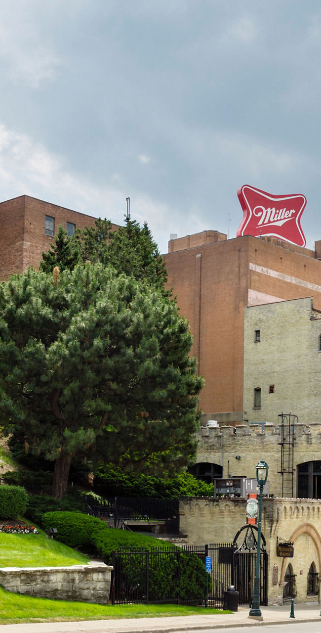 Historic brewery buildings with street view