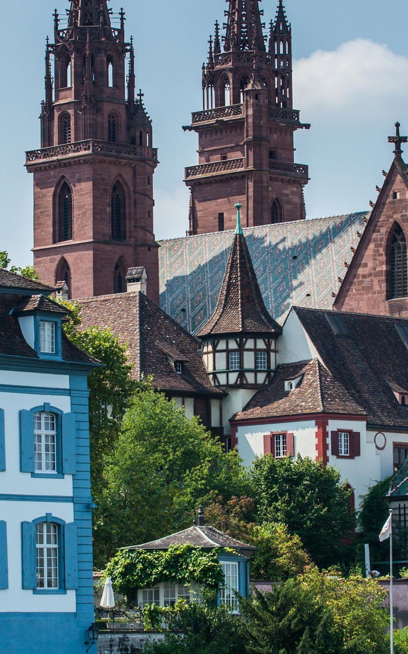 Historic Basel Cathedral and colorful houses
