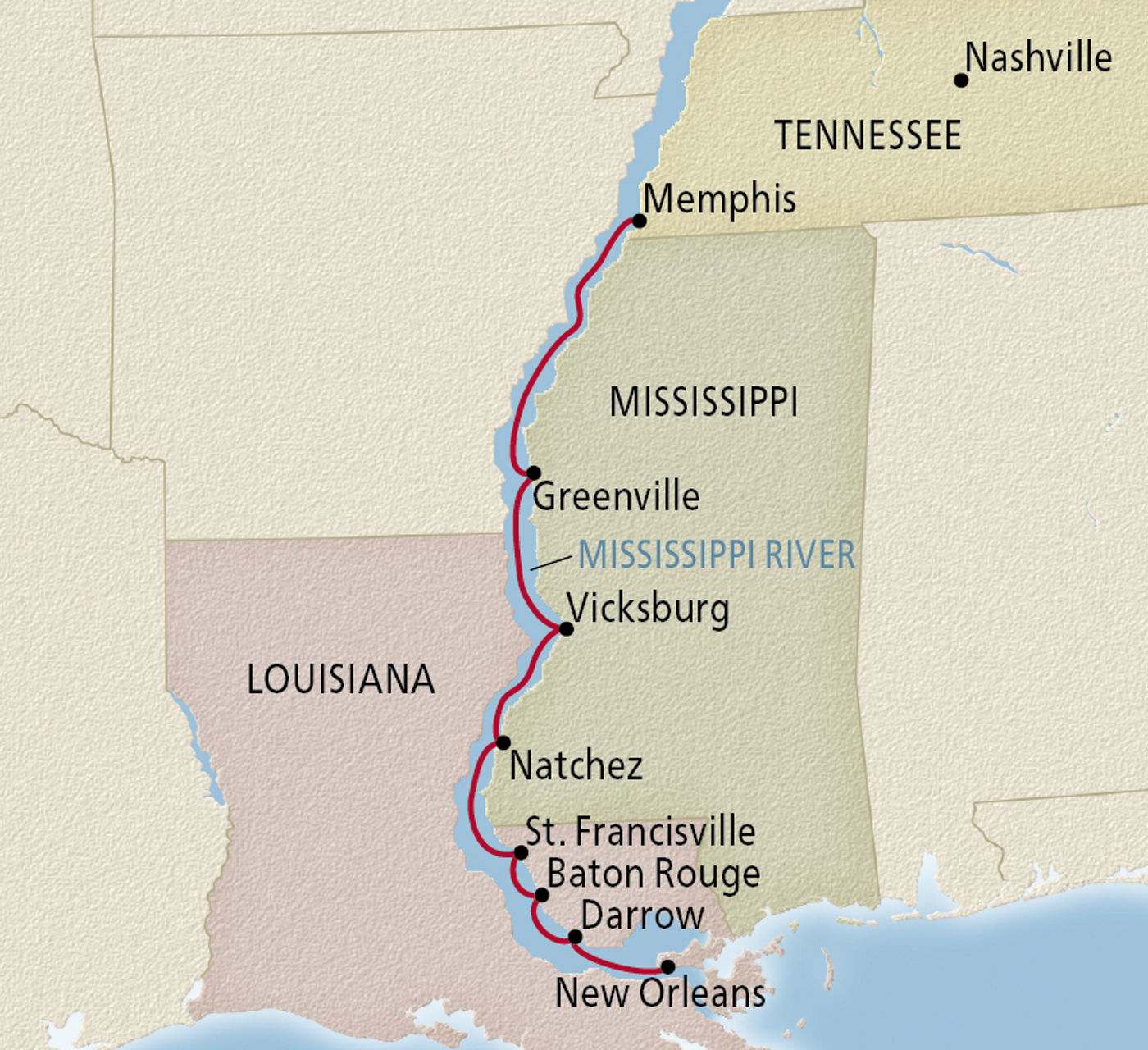 Map of Mississippi Delta Explorer itinerary