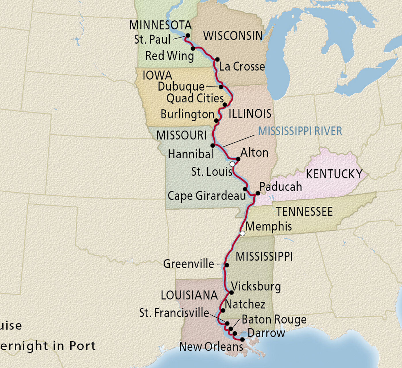 Map of Mississippi River Odyssey itinerary